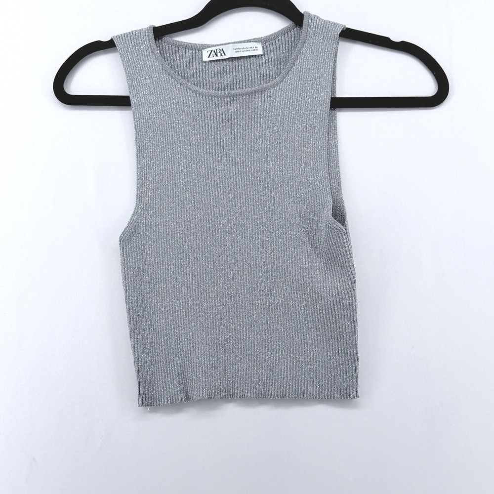 Zara Silver Metallic Ribbed Knit Tank Top Sleeveless Crew Neck Shimmer Medium